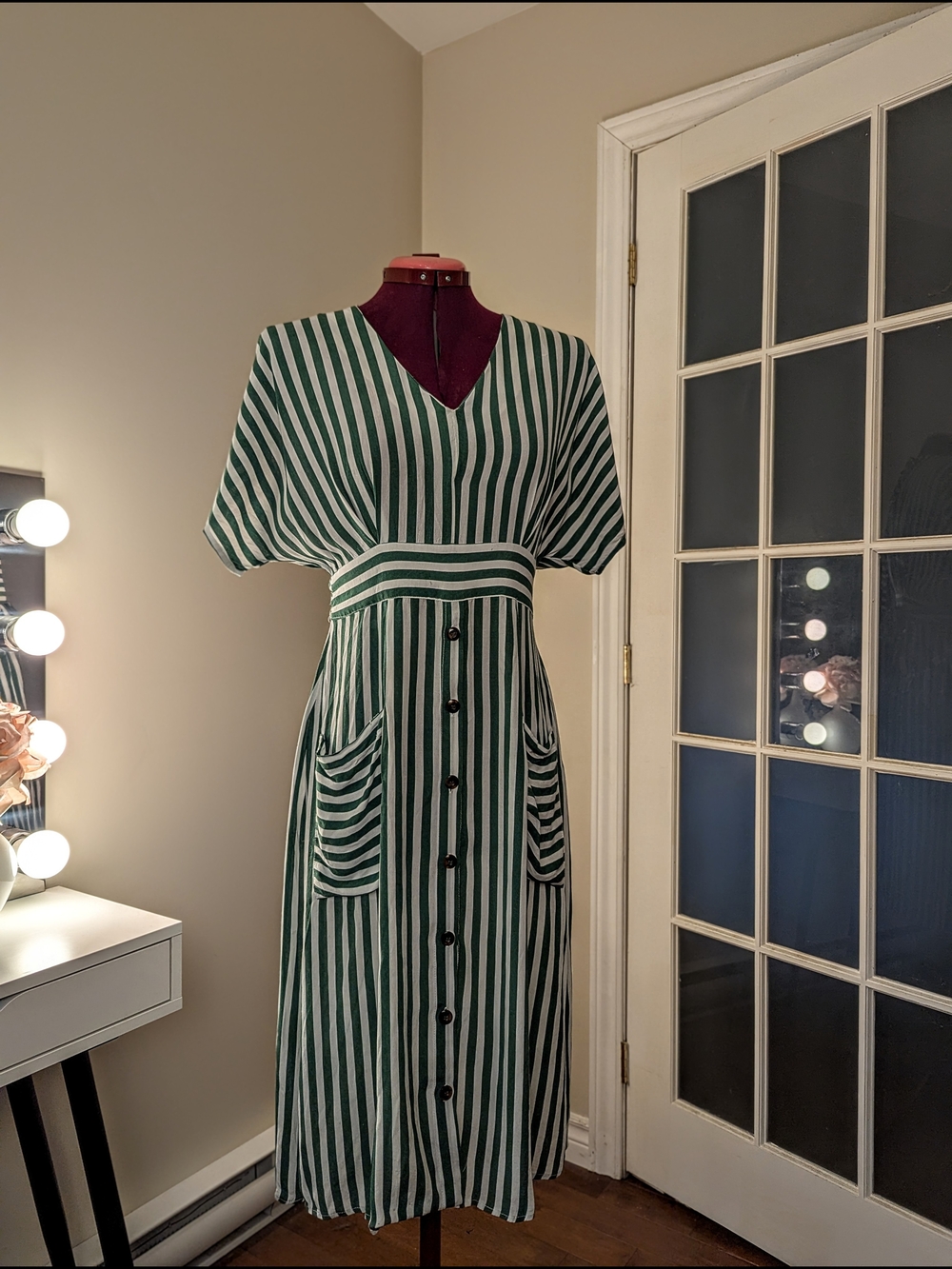 Philosophy Green and White Striped V-Neck Midi Dress